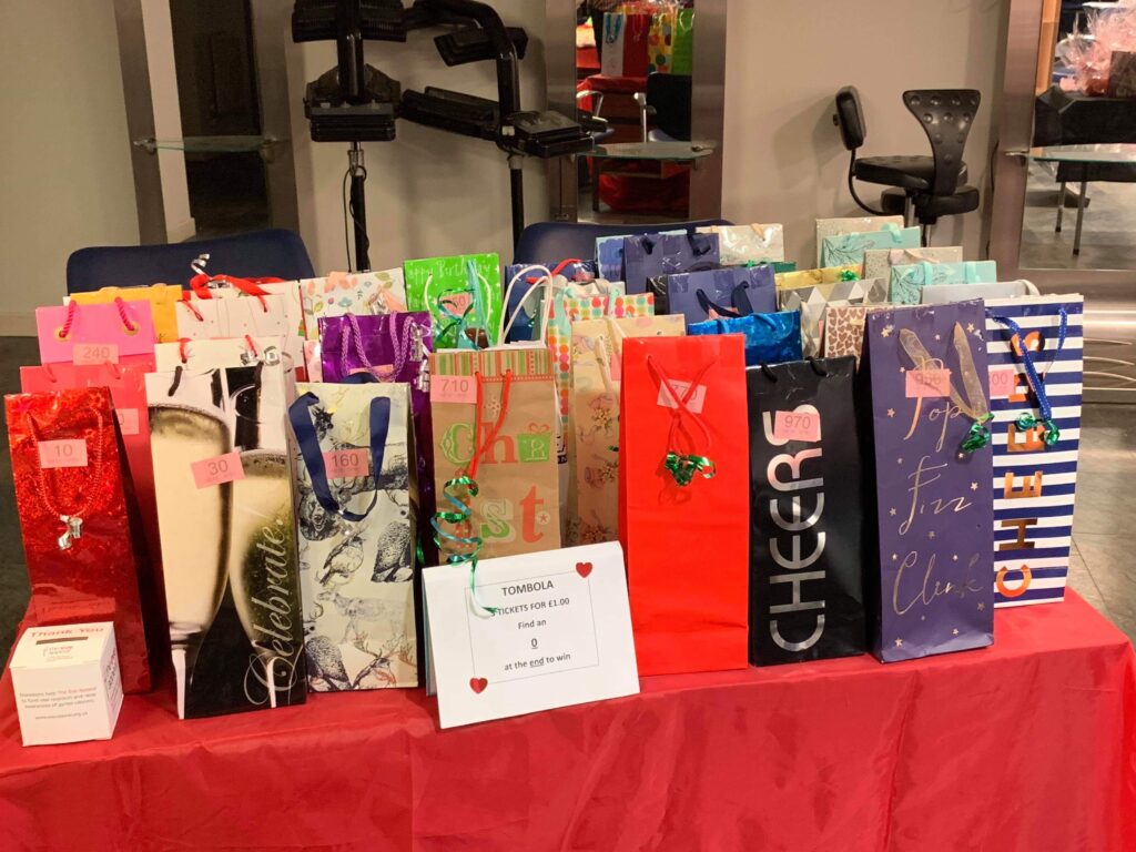 Raffle prizes on a table