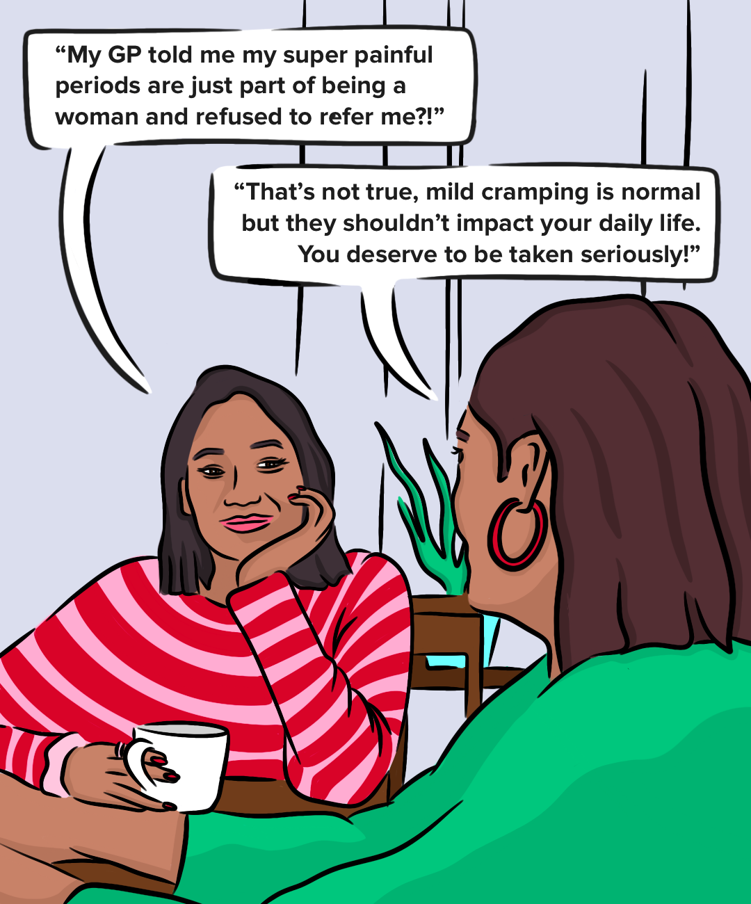 an illustration of two friends chatting together about gynae health