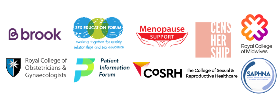 Logos of RCOG, Sex Education Forum, PIF, Brook, CoSRH, CensHERsgip and RCM , Saphna and menopause support