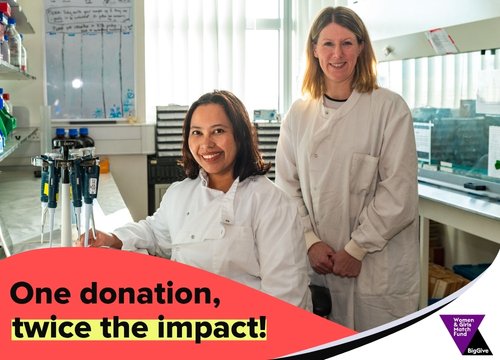 a photo of two researchers in the lab with text on it saying: one donation, twice the impact